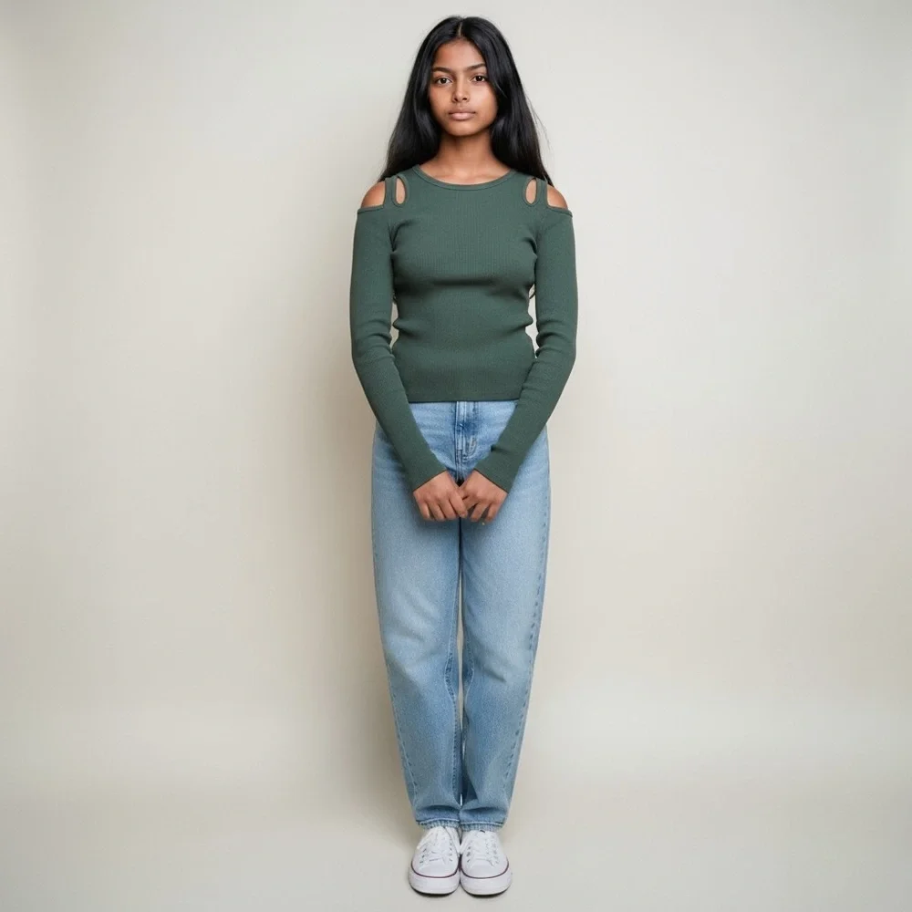 Zara Olive Ribbed Knit Long Sleeve Top with Open Cold Shoulder Detail